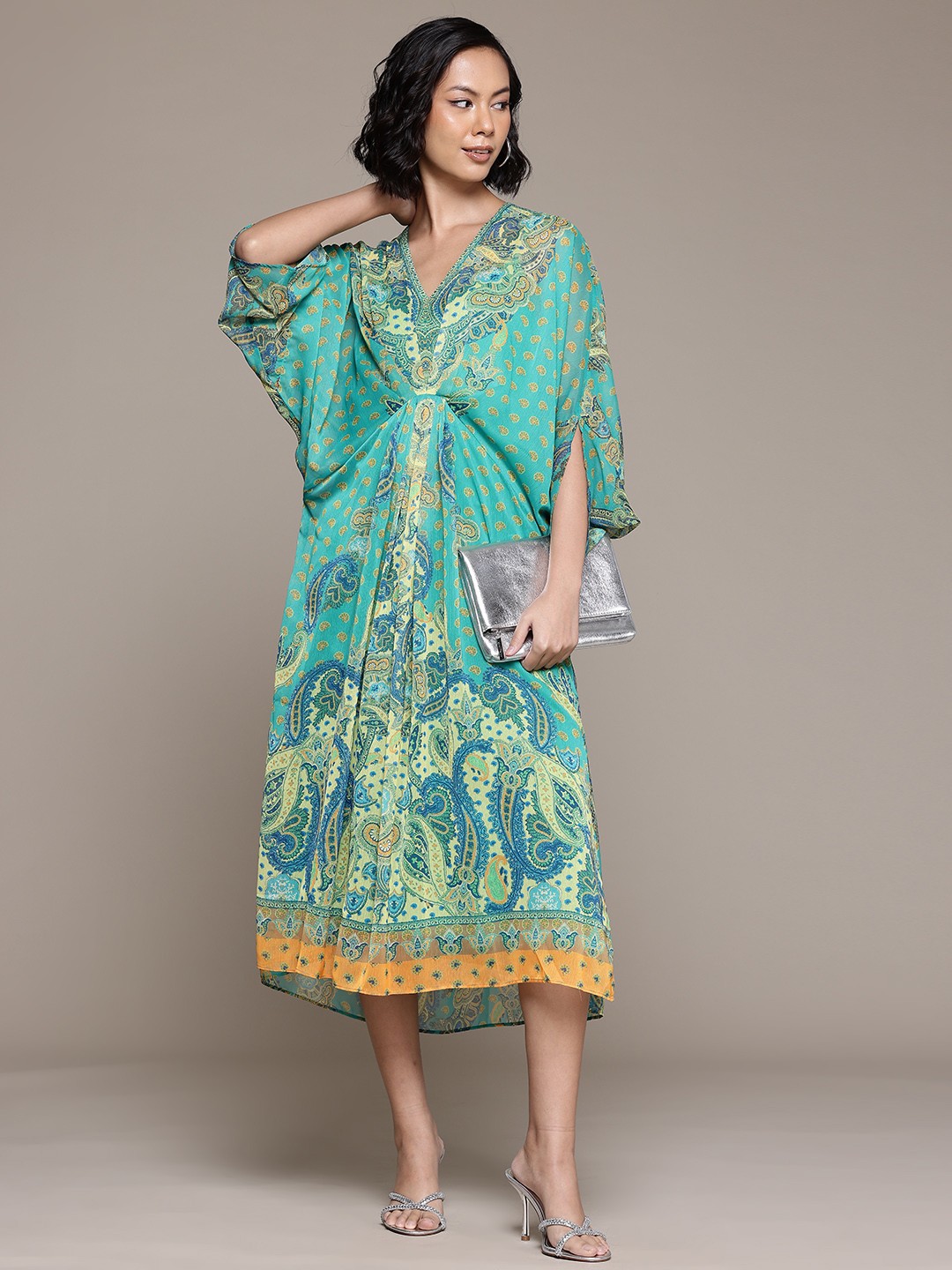 

aarke Ritu Kumar Ethnic Motifs Print Batwing Sleeves Chiffon Kaftan Midi Dress, Blue