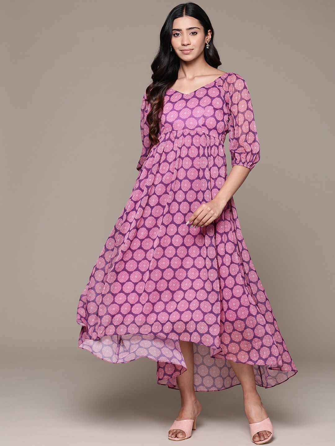 

aarke Ritu Kumar Floral Print Puff Sleeve Chiffon Fit & Flare Maxi Dress, Purple