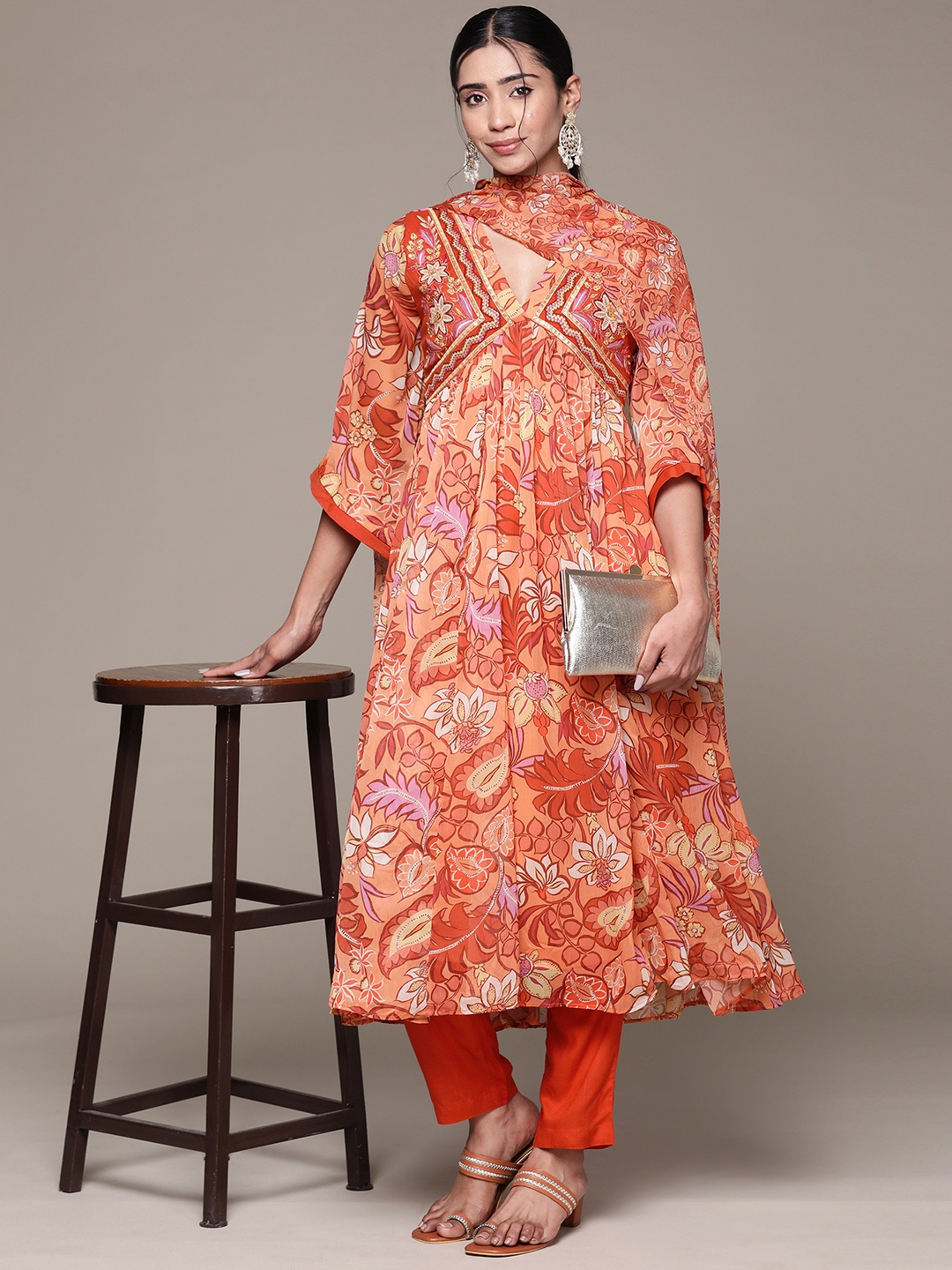 

aarke Ritu Kumar Women Floral Printed Empire Kantha Work Kurta with Trousers & With Dupatta, Orange