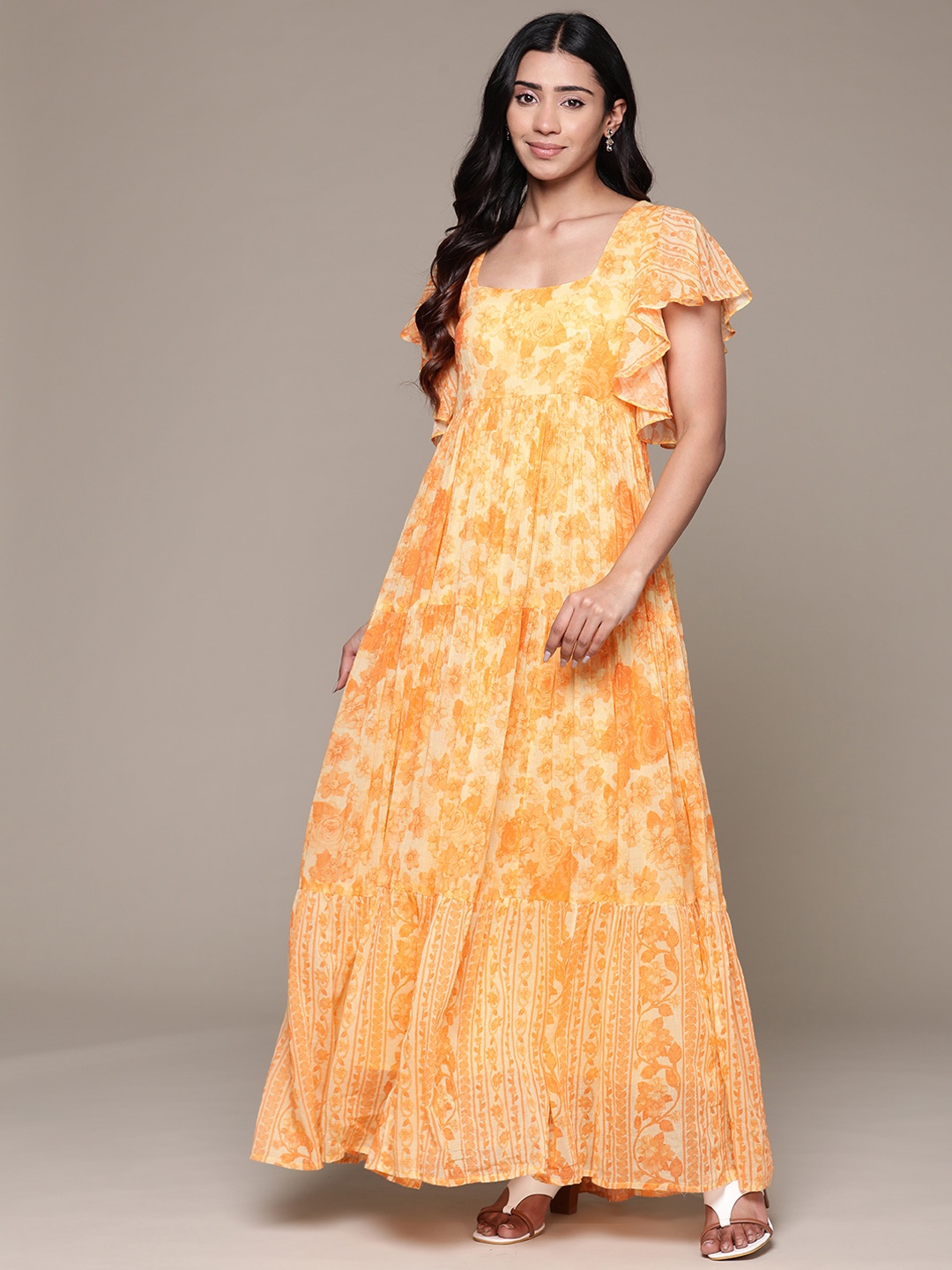 

aarke Ritu Kumar Floral Print Flutter Sleeve A-Line Maxi Dress, Yellow
