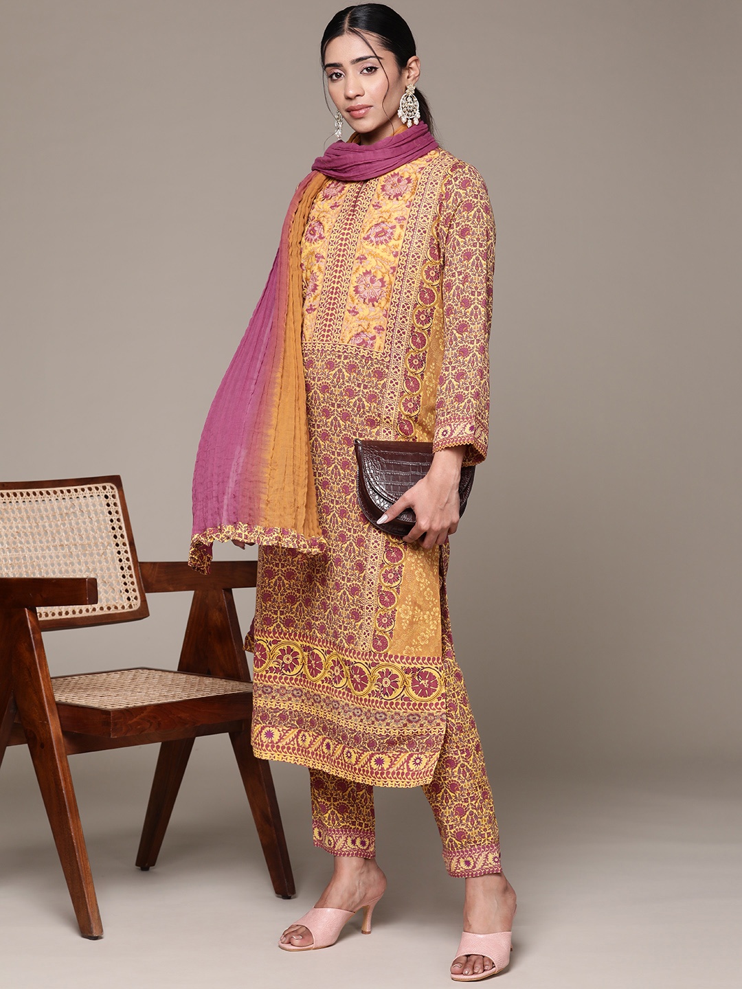 

aarke Ritu Kumar Floral Printed Kurta with Trousers & Dupatta, Yellow