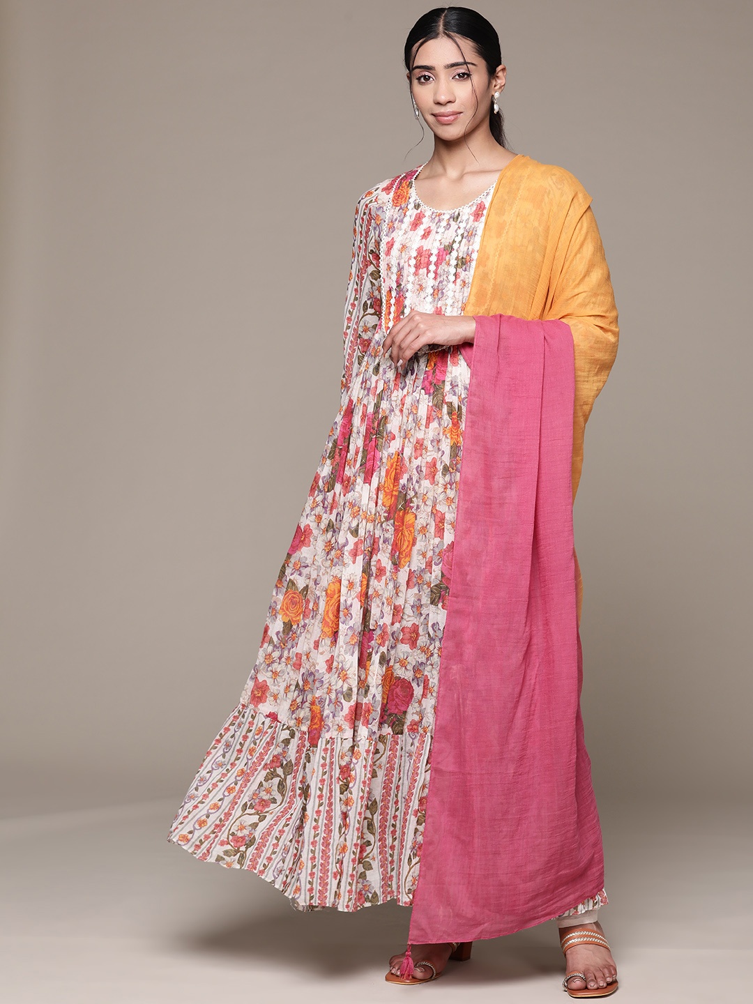 

aarke Ritu Kumar Floral Printed Pleated Gotta Patti Kurta with Churidar & Dupatta, Off white