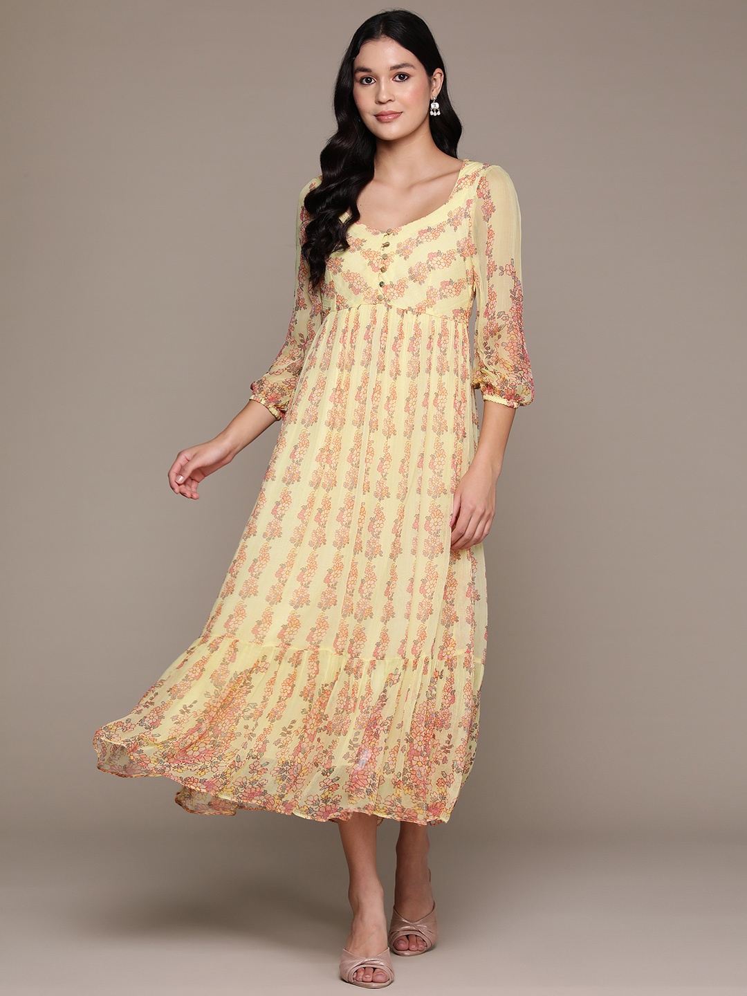 

aarke Ritu Kumar Floral Print Puff Sleeves Chiffon A-Line Midi Dress, Yellow