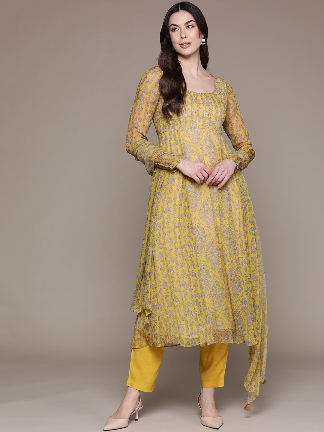 

aarke Ritu Kumar Floral Printed Pleated Gotta Patti Kurta with Trousers & Dupatta, Yellow