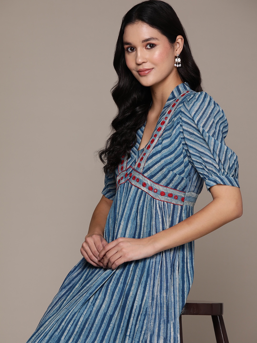 

aarke Ritu Kumar Striped Puff Sleeves Fit & Flare Midi Dress, Blue