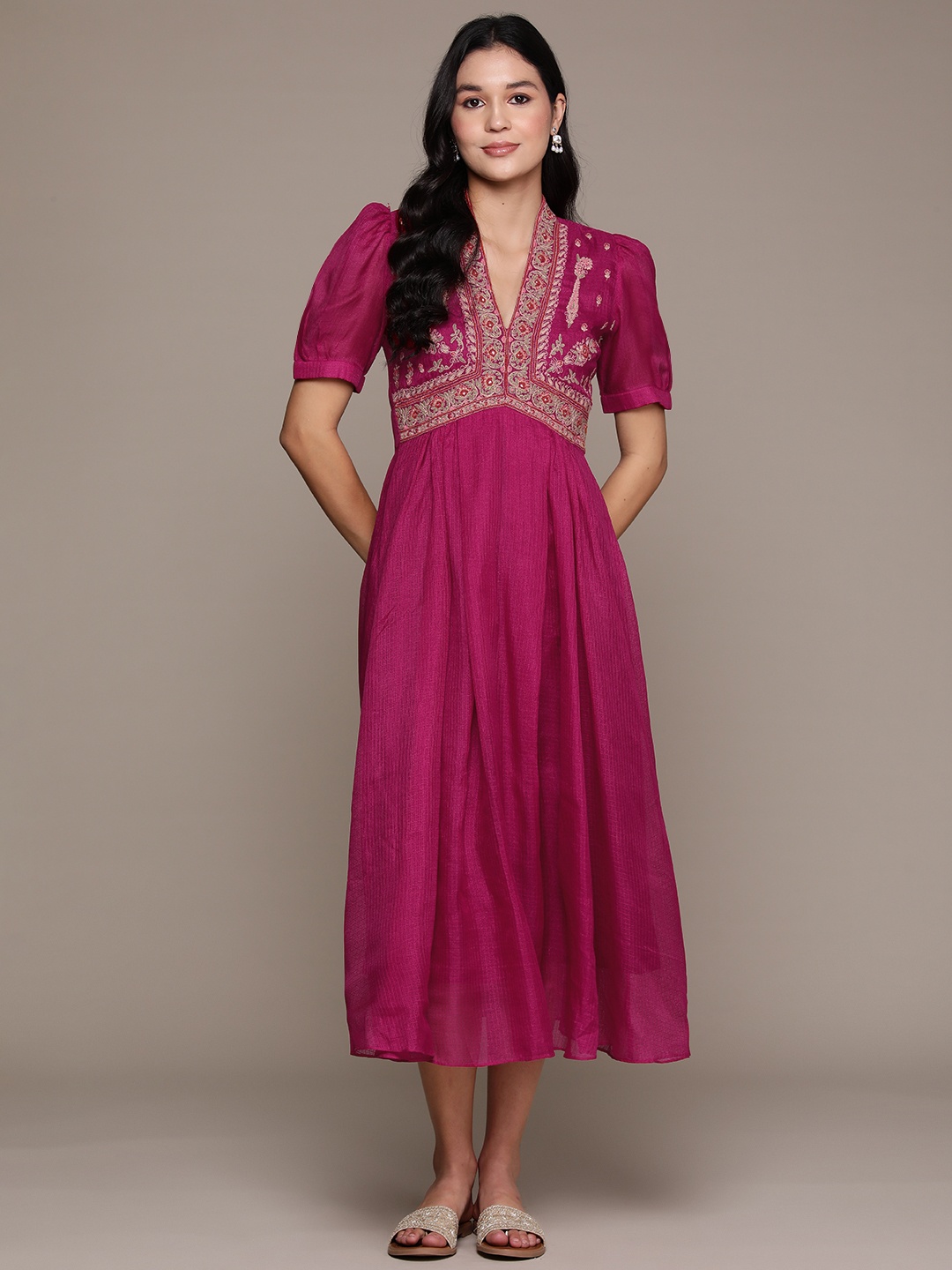 

aarke Ritu Kumar Floral Embroidered Puff Sleeves Fit & Flare Midi Dress, Pink