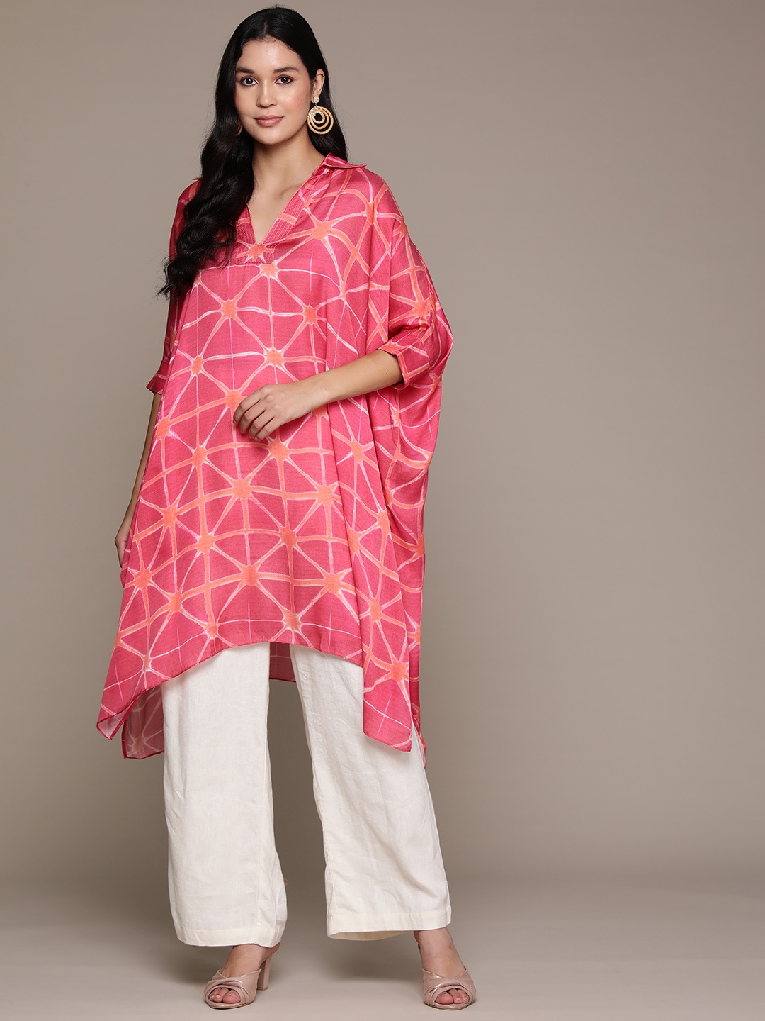 

aarke Ritu Kumar Printed Flared Sleeves Satin Kurta, Pink