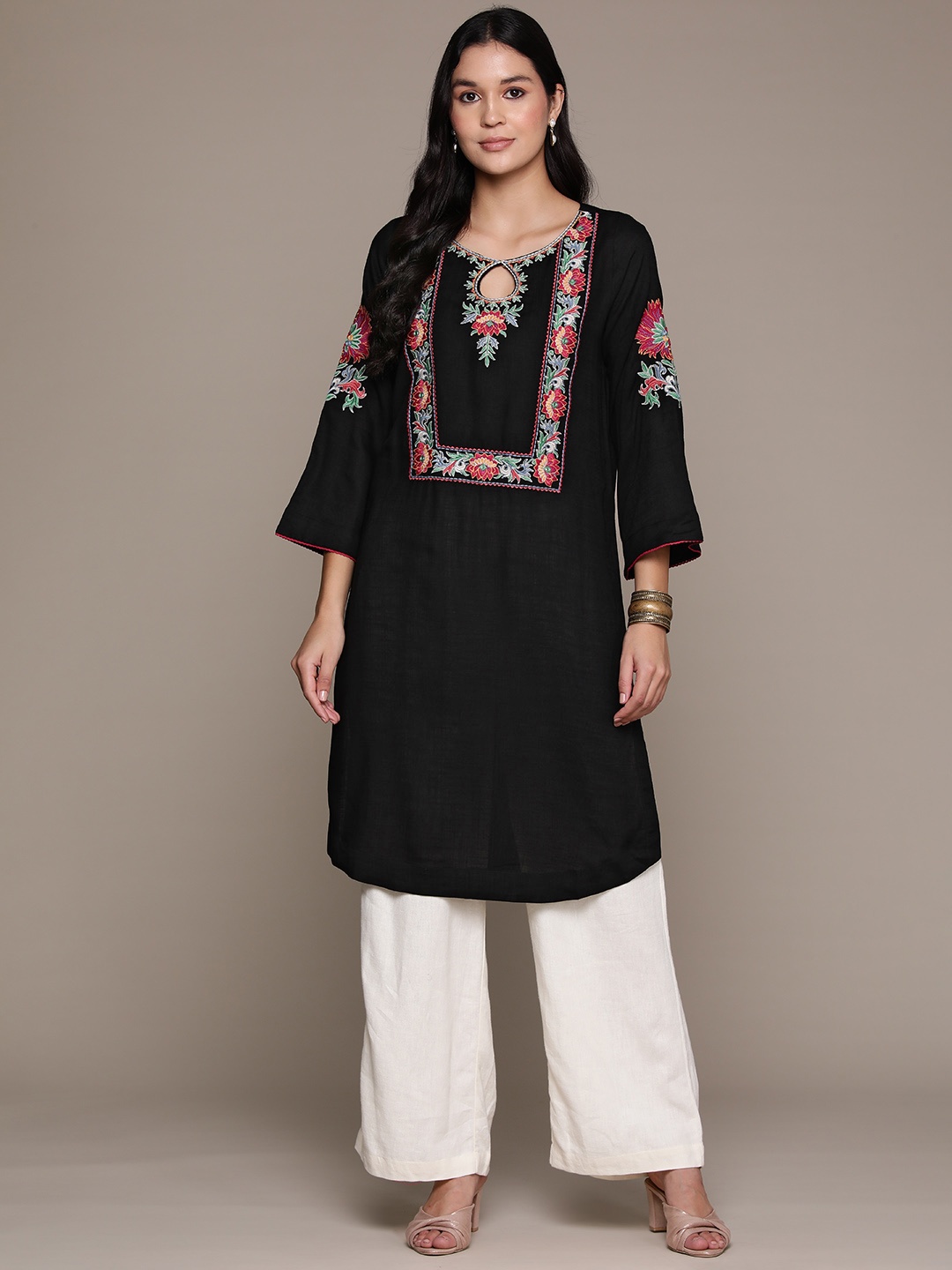 

aarke Ritu Kumar Floral Embroidered Keyhole Neck Flared Sleeves Mirror Work Kurta, Black