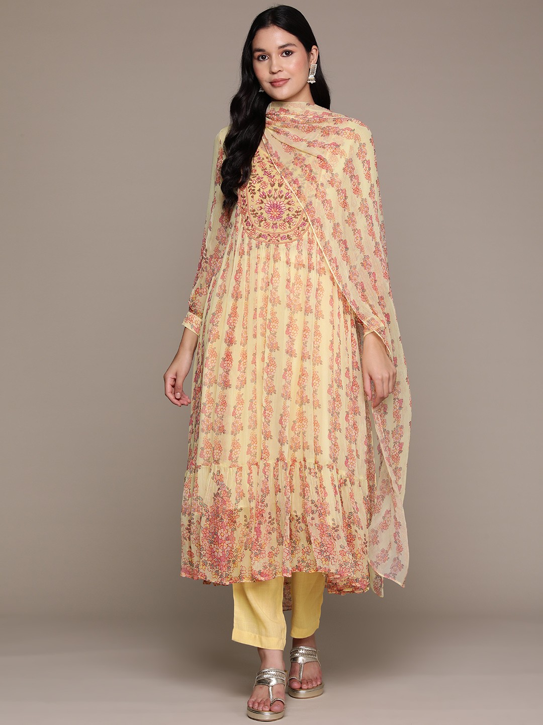 

aarke Ritu Kumar Women Floral Yoke Design Regular Kurta with Palazzos & With Dupatta, Yellow