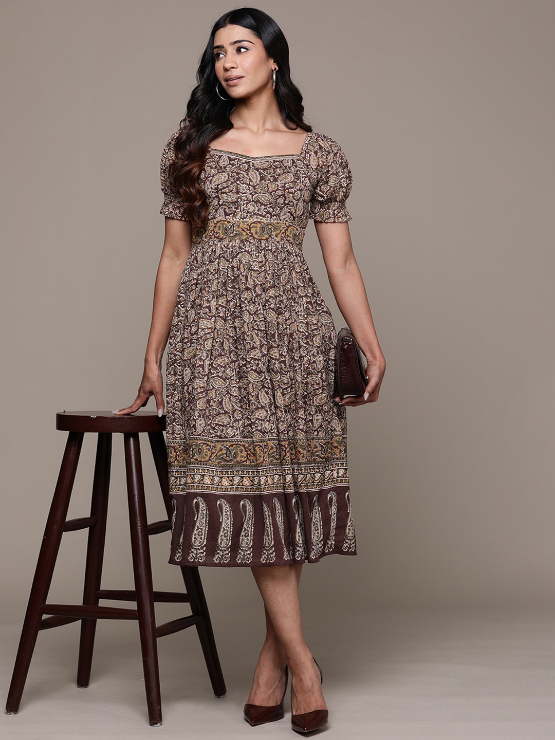 

aarke Ritu Kumar Ethnic Motifs Print Puff Sleeves Sweetheart Neck Fit & Flare Dress, Brown