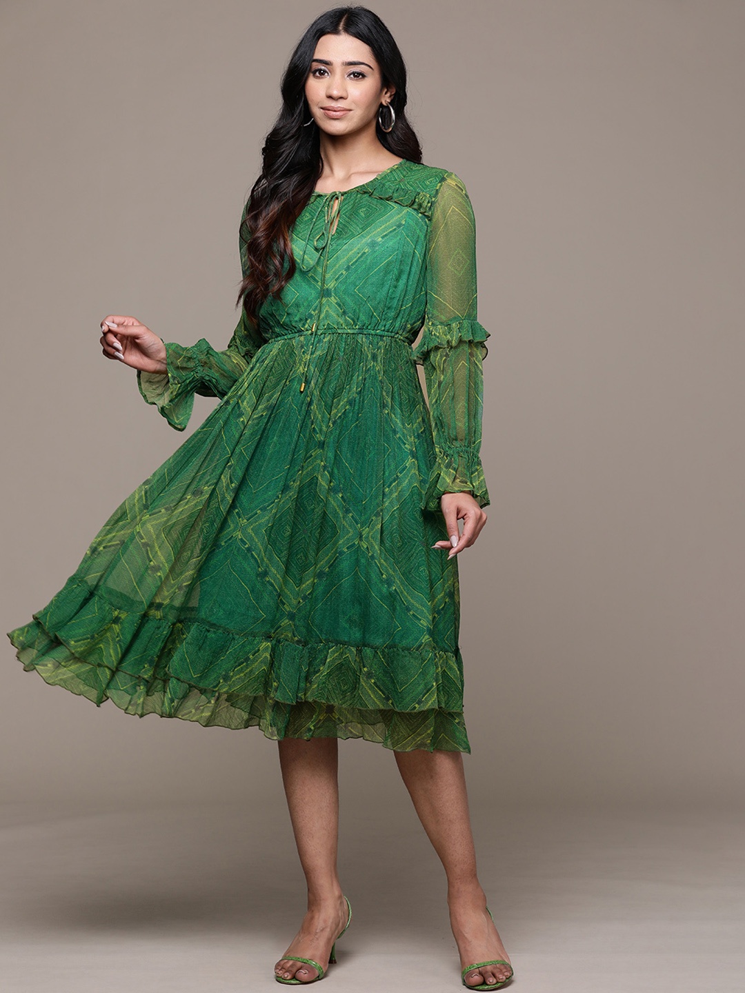 

aarke Ritu Kumar Print Tie-Up Neck Puff Sleeve Ruffled Chiffon Fit & Flare Dress, Green