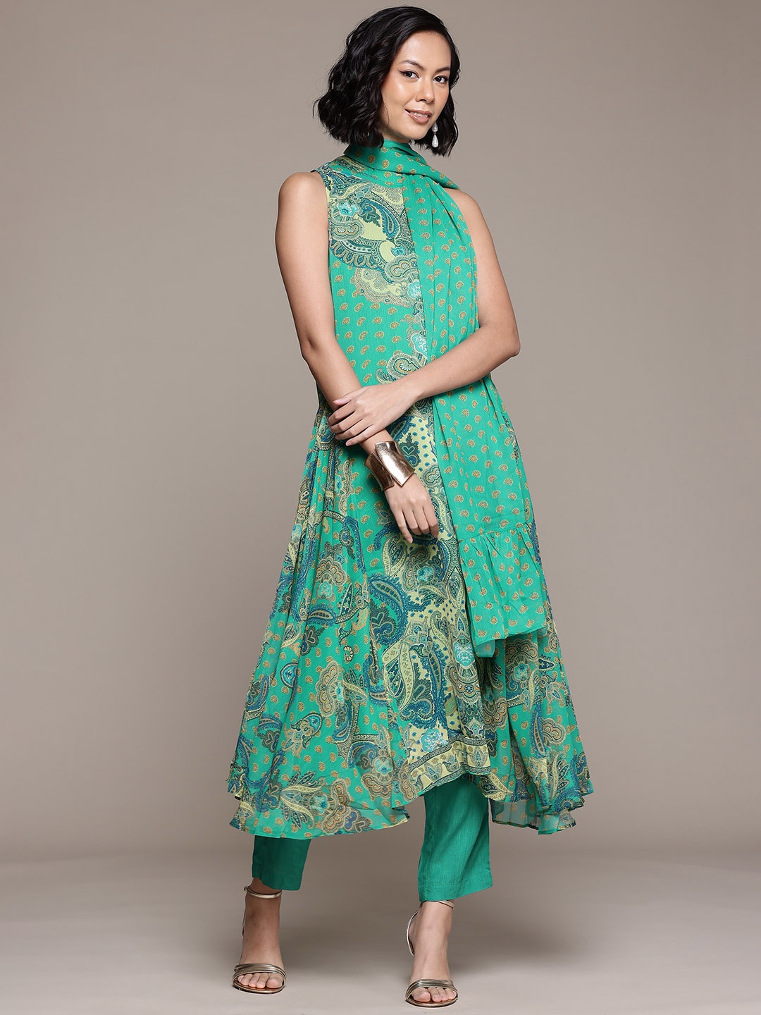 

aarke Ritu Kumar Paisley Printed Pleated Kurta With Trousers & Dupatta, Blue