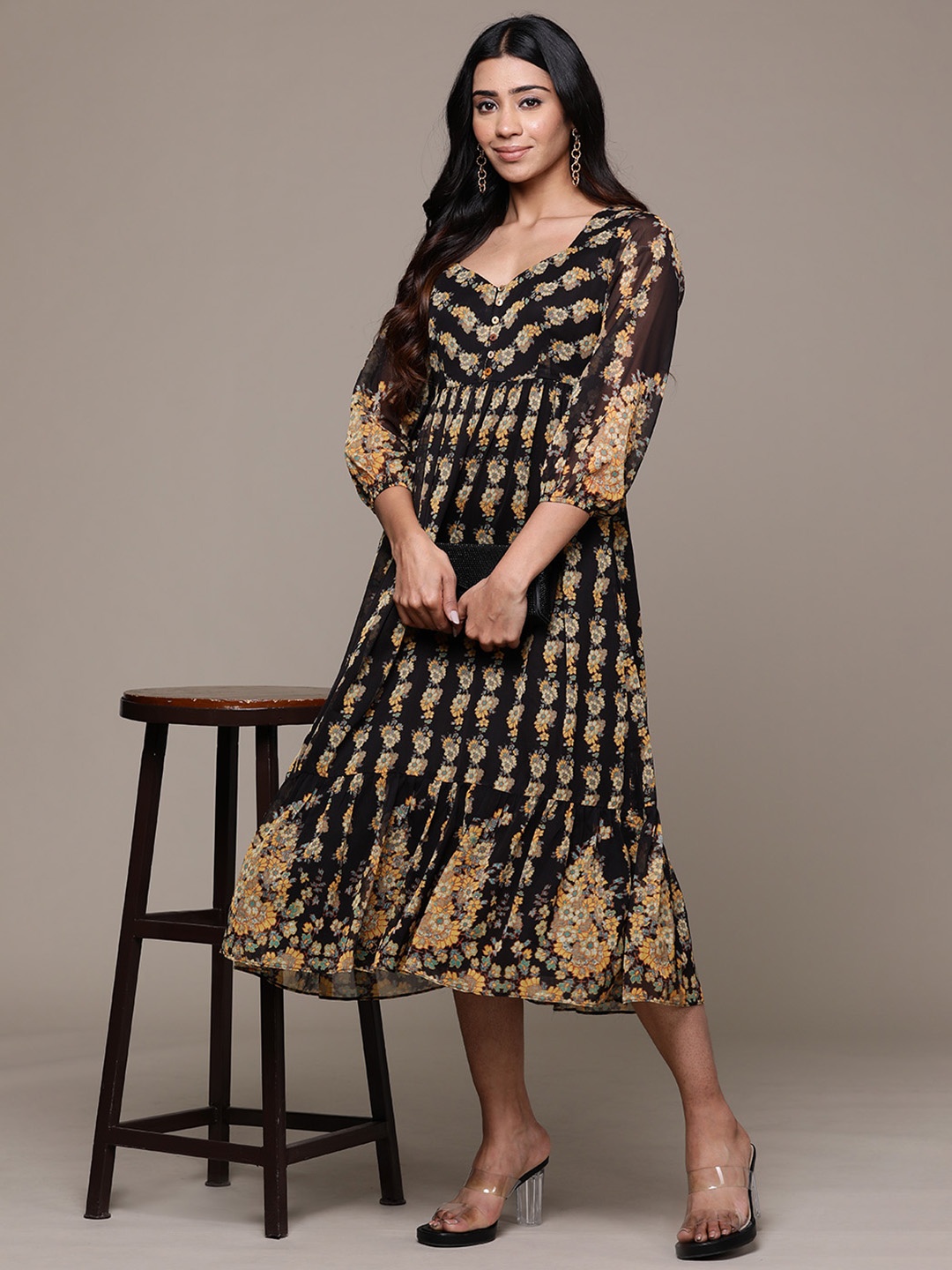 

aarke Ritu Kumar Floral Print Puff Sleeves Sweetheart Neck Chiffon A-Line Midi Dress, Black