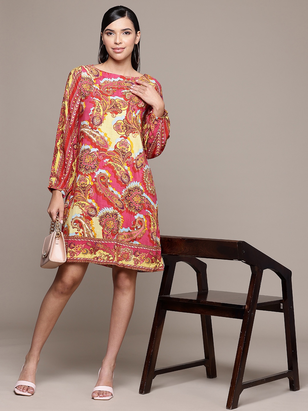 

aarke Ritu Kumar Ethnic Motifs Print Puff Sleeve A-Line Dress, Pink