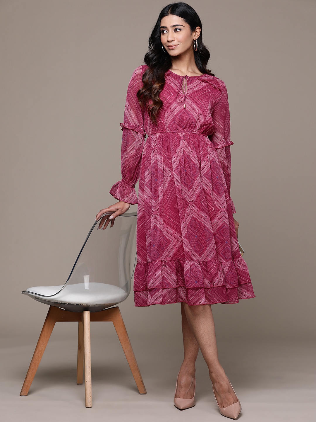 

aarke Ritu Kumar Print Tie-Up Neck Puff Sleeves Chiffon Fit & Flare Dress, Magenta