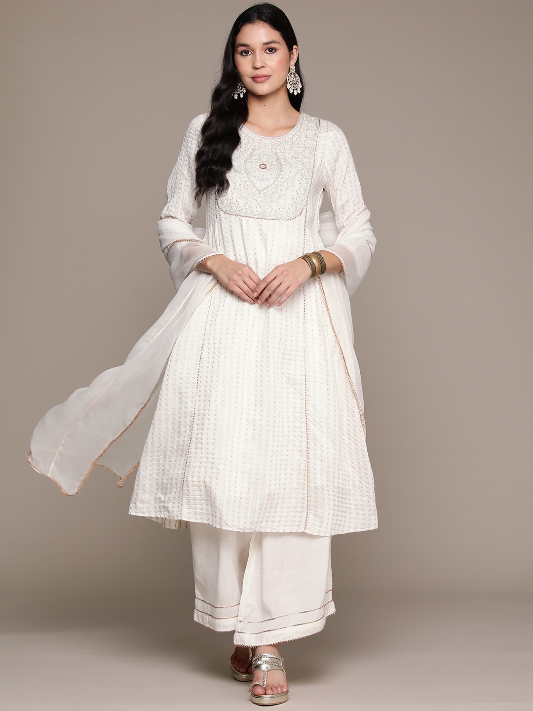 

aarke Ritu Kumar Women Ethnic Motifs Yoke Design Regular Gotta Patti Kurta with Palazzos & With Dupatta, Off white