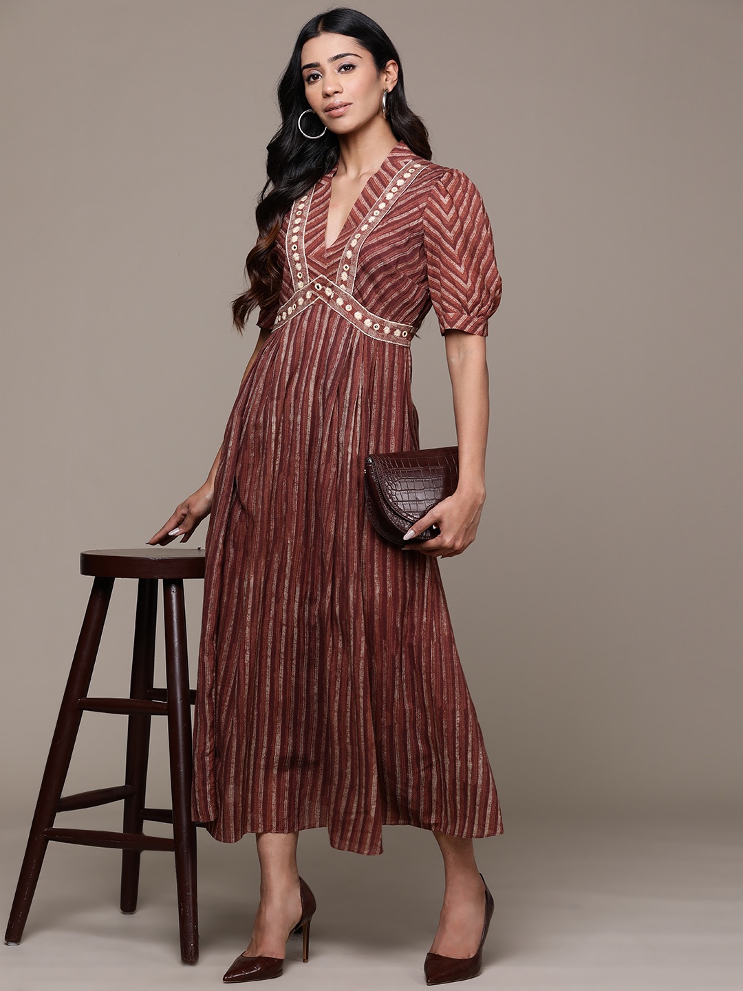 

aarke Ritu Kumar Striped Puff Sleeves A-Line Midi Dress, Brown