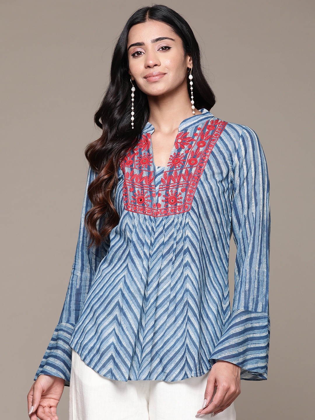 

aarke Ritu Kumar Floral Striped Flared Sleeves Mirror Work Pure Cotton Mirror Work Pleated Kurti, Blue