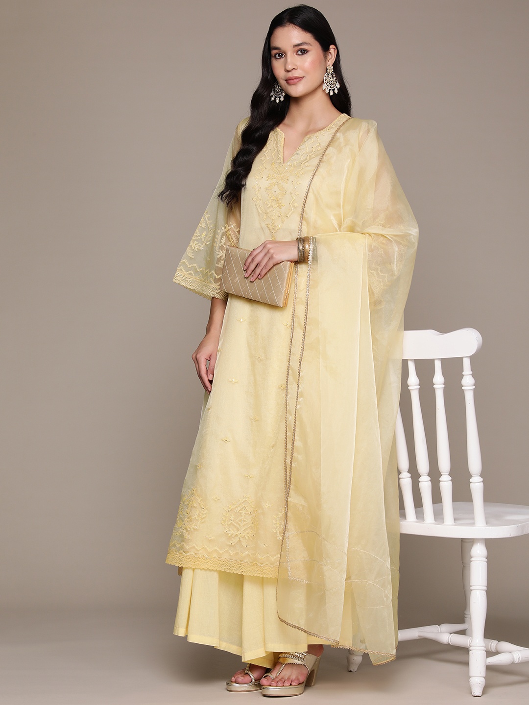 

aarke Ritu Kumar Women Ethnic Motifs Embroidered Regular Sequinned Kurta with Palazzos & With Dupatta, Yellow