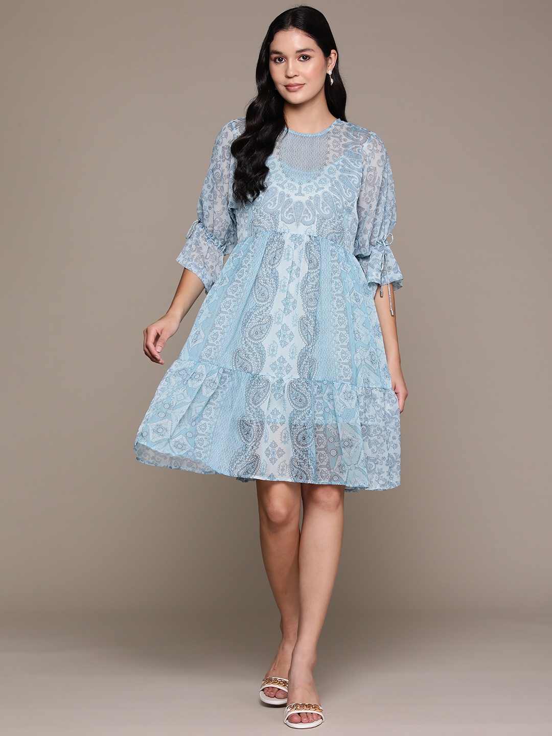 

aarke Ritu Kumar Ethnic Motifs Print Puff Sleeves Chiffon A-Line Dress, Blue