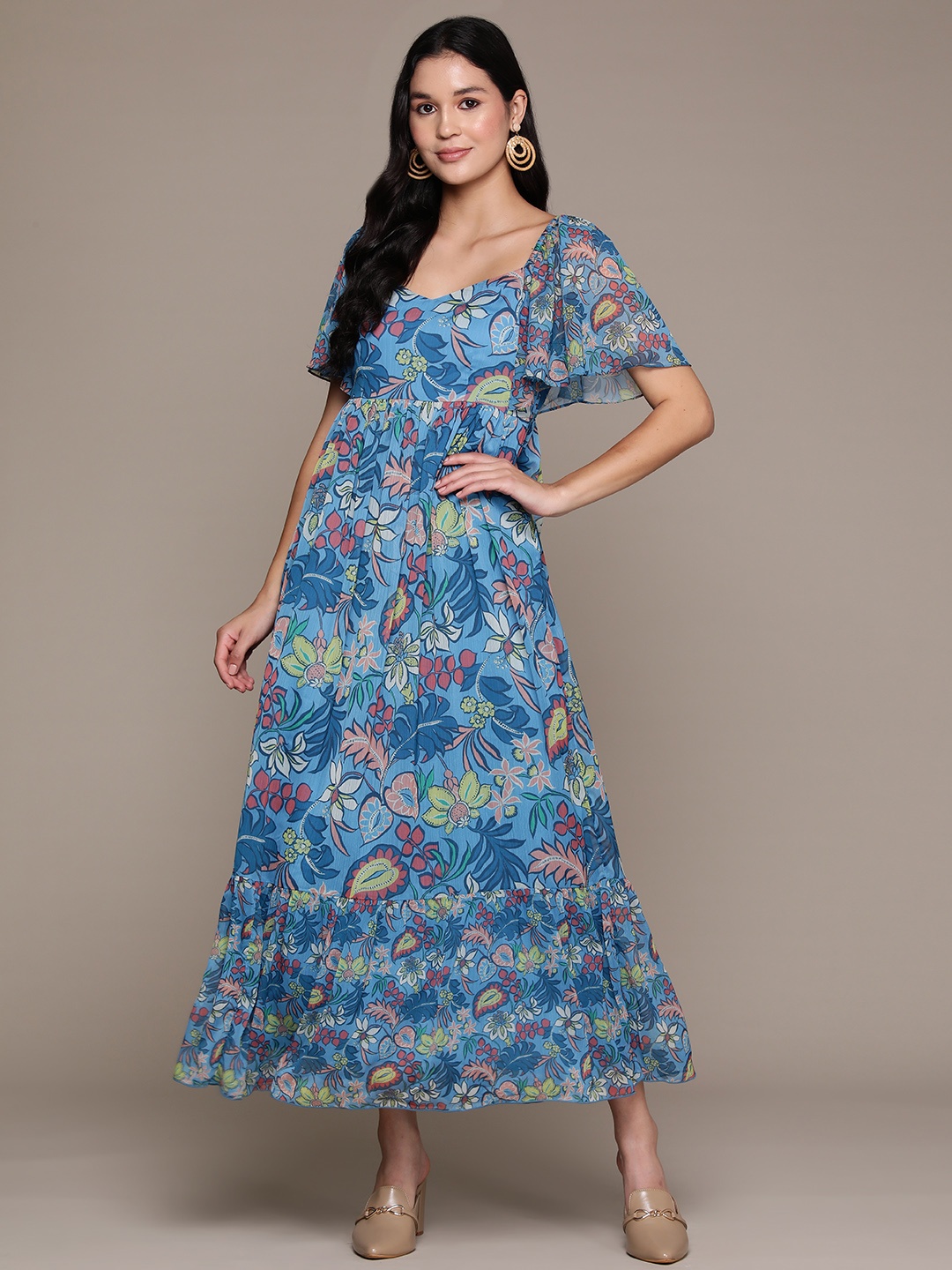 

aarke Ritu Kumar Floral Print Flared Sleeves Sweetheart Neck Chiffon A-Line Maxi Dress, Blue