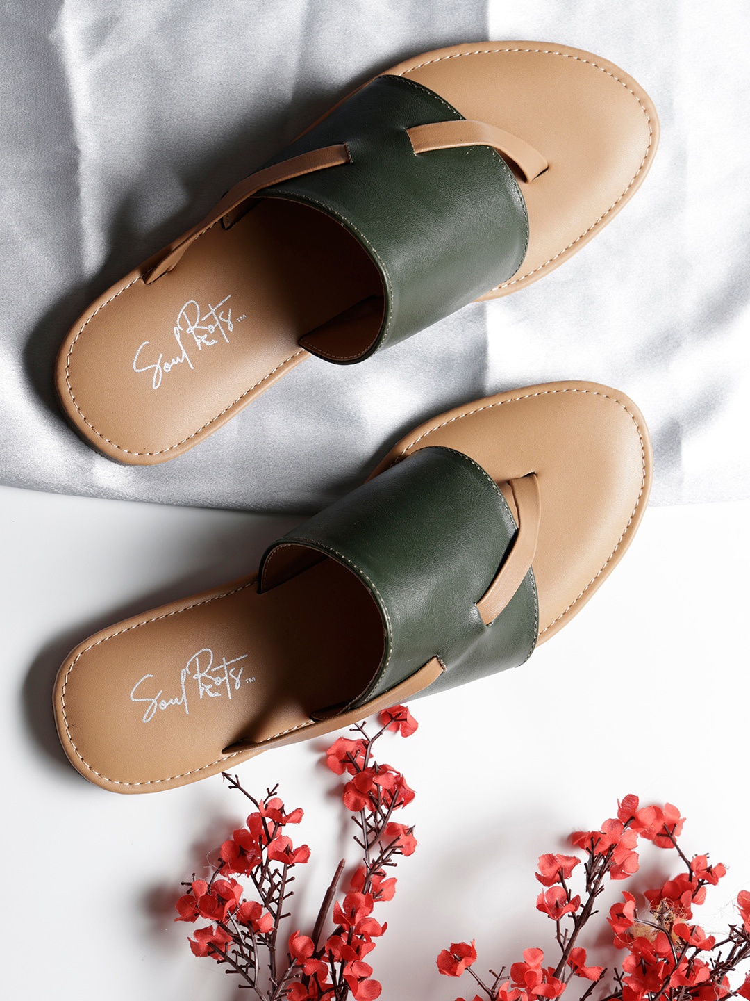 

Soul Roots Colourblocked Slip-On Open-Toe Flats, Green