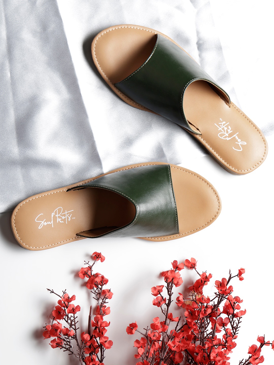 

Soul Roots Textured Open Toe Slip-On Flats, Green