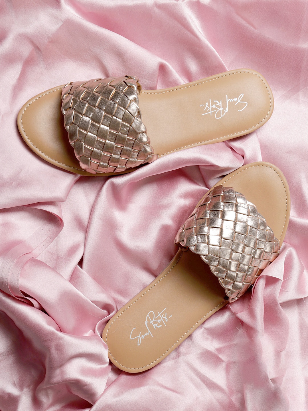 

Soul Roots Textured Open Toe Slip-On Flats, Rose gold