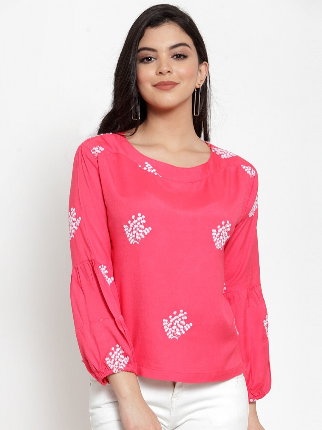 

Miaz Lifestyle Printed Round Neck Puff Sleeves Casual Top, Pink