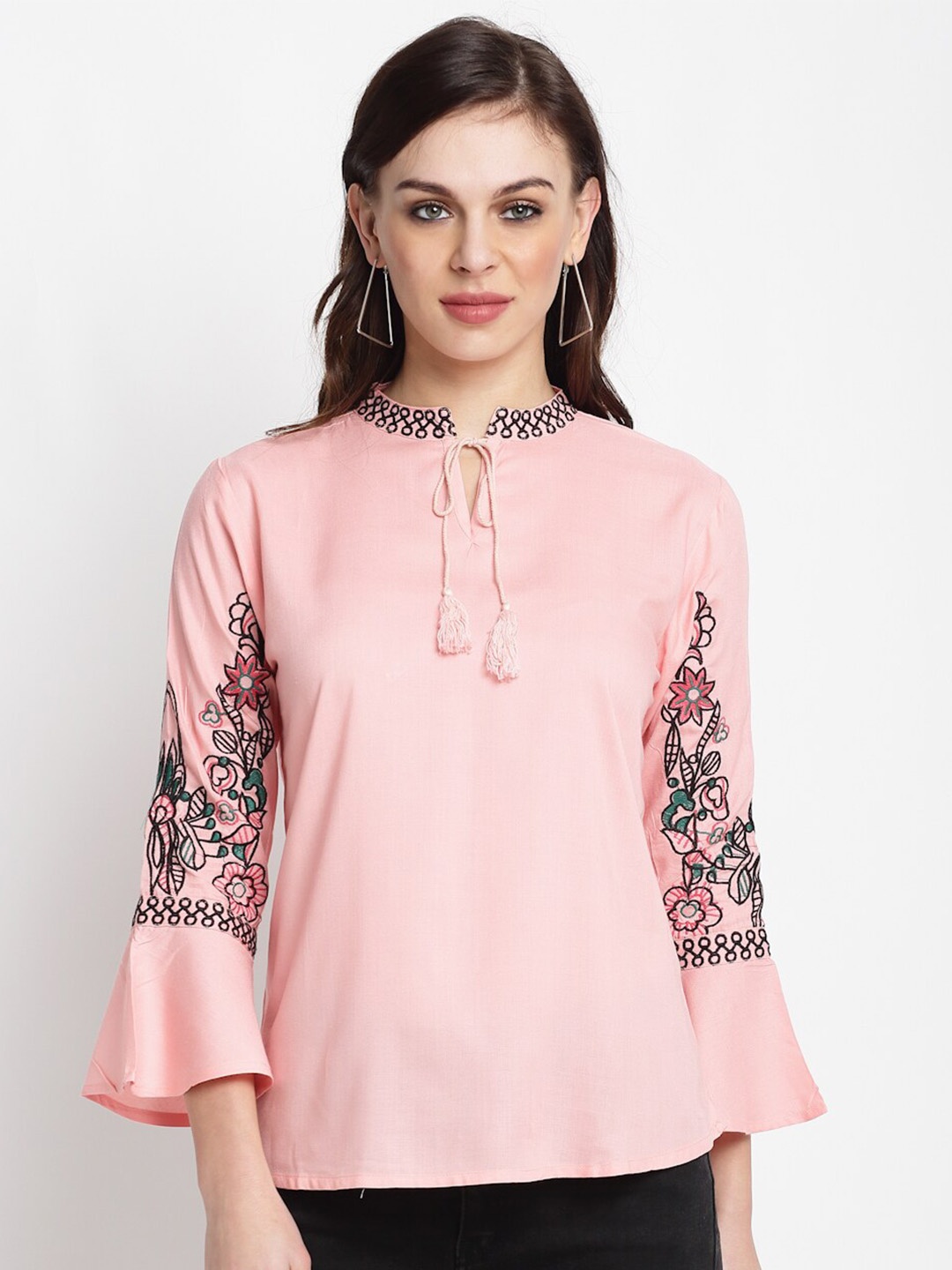 

Miaz Lifestyle Floral Embroidered Tie-Up Neck Bell Sleeves A-Line Top, Pink