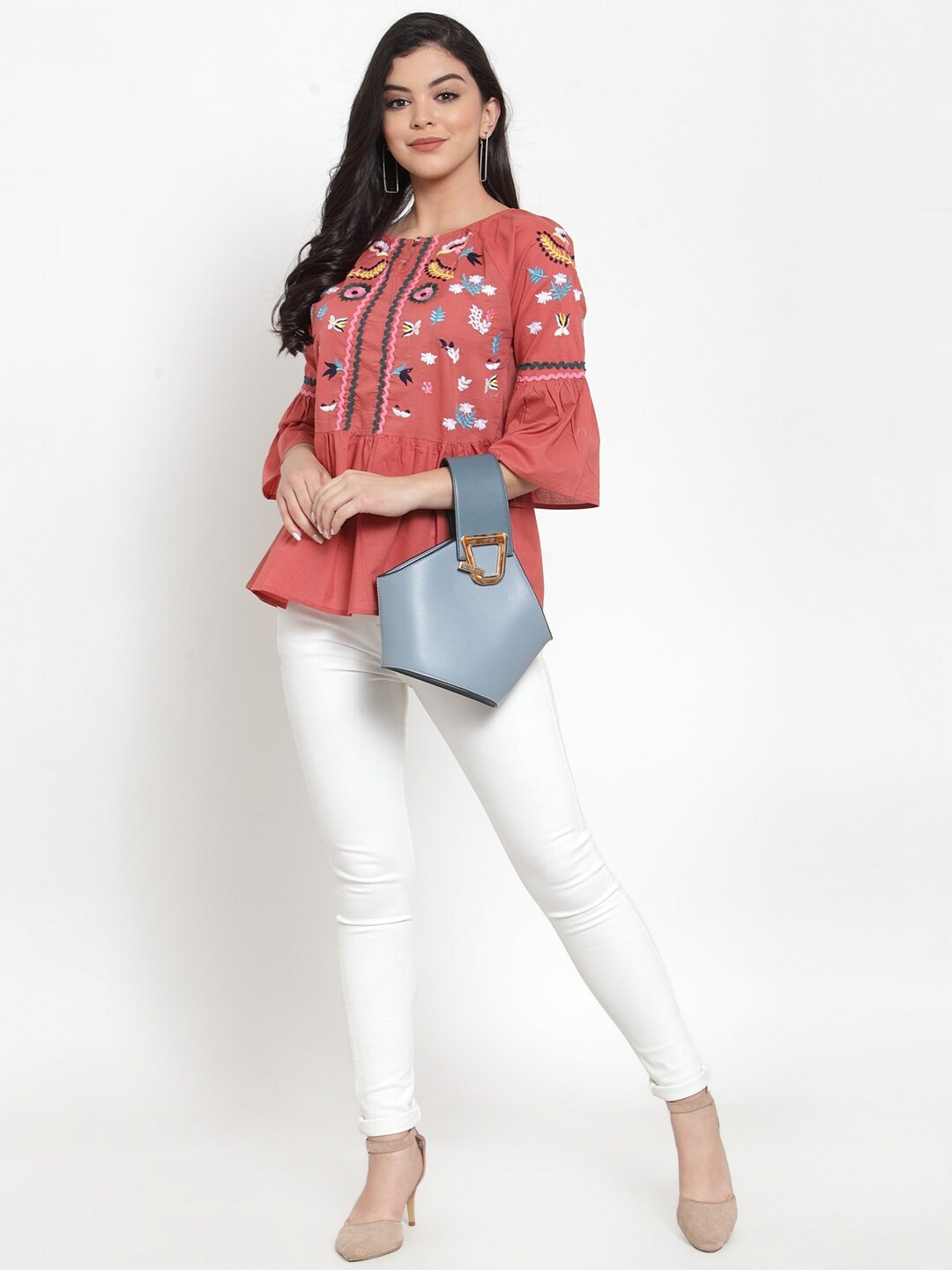 

Miaz Lifestyle Floral Print Tie-Up Neck Puff Sleeve Top, Peach