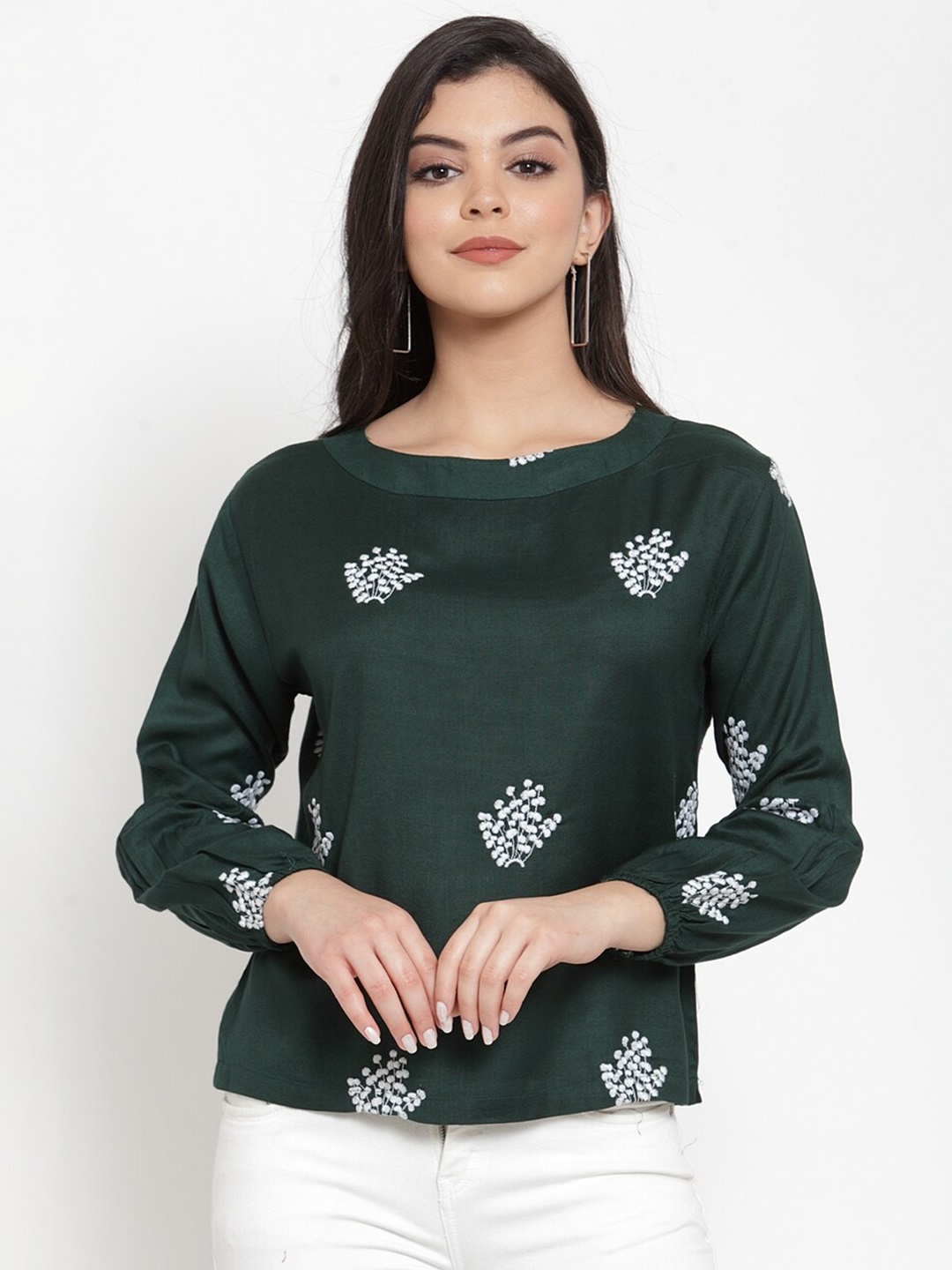 

Miaz Lifestyle Floral Embroidered Regular Top, Green