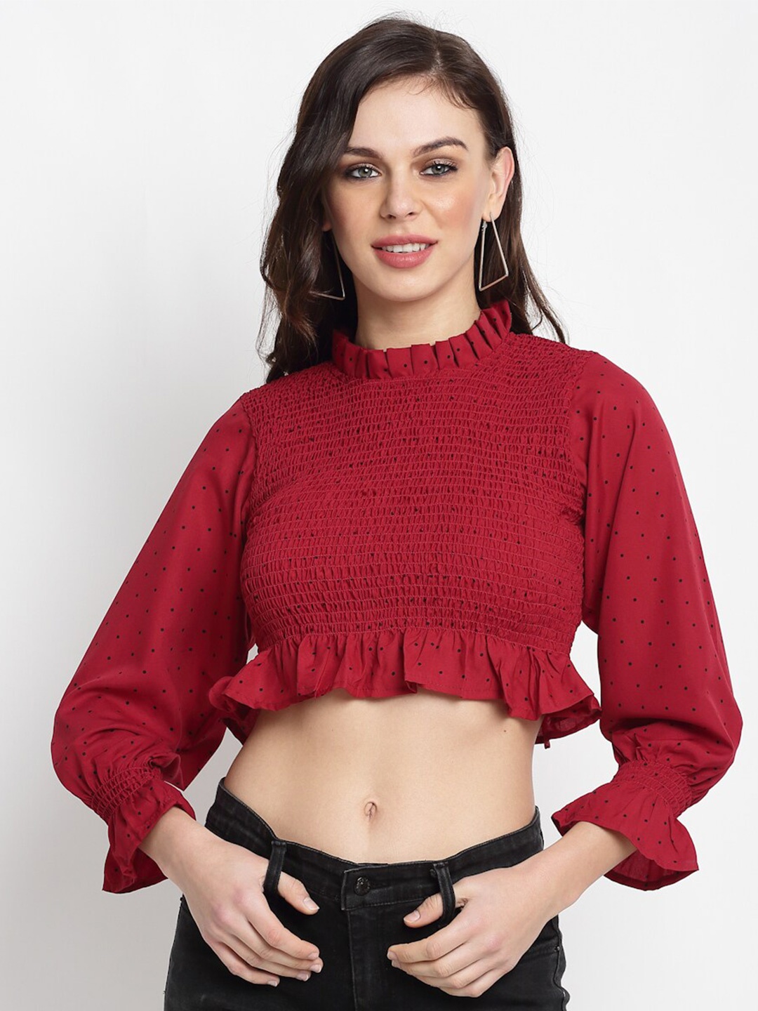 

Miaz Lifestyle Smoked Detail High Neck Puff Sleeves Crop Bardot Top, Red