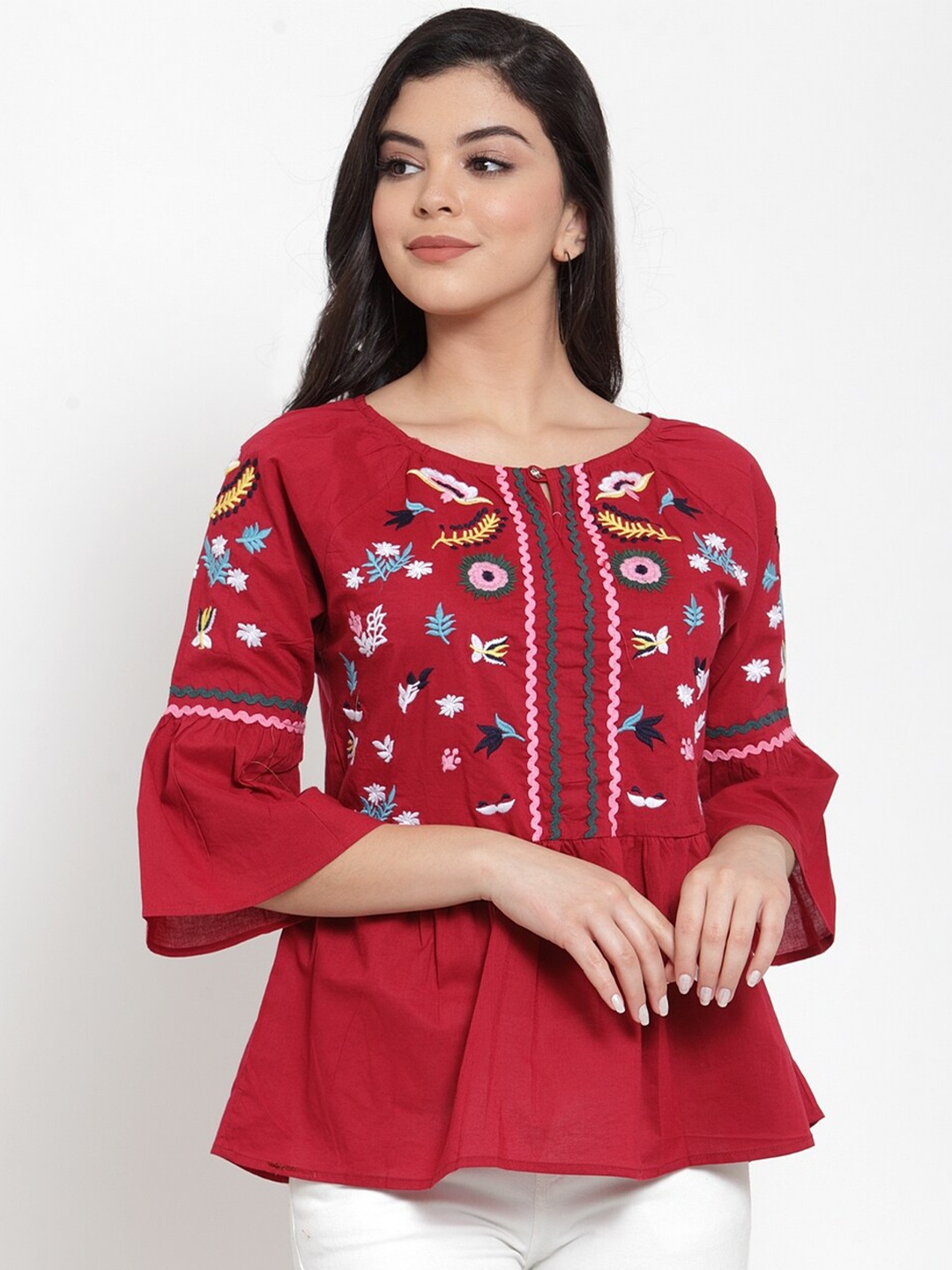 

Miaz Lifestyle Floral Embroidered Bell Sleeves Peplum Top, Maroon