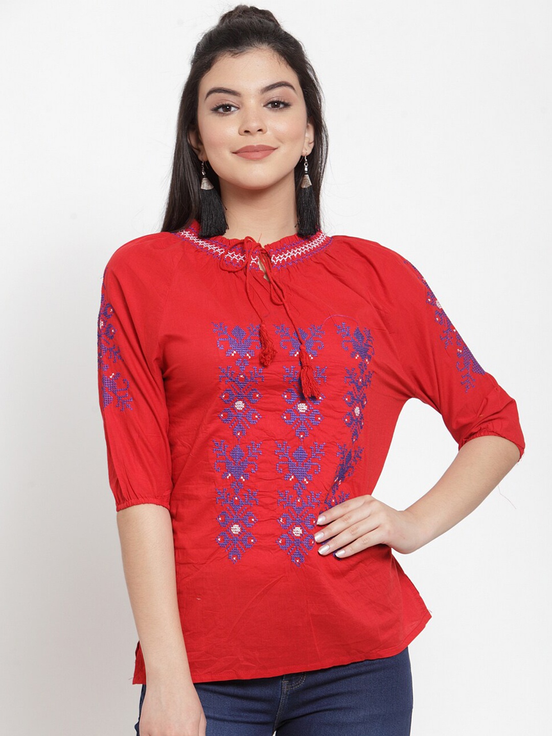 

Miaz Lifestyle Floral Print Tie-Up Neck Puff Sleeve Top, Red