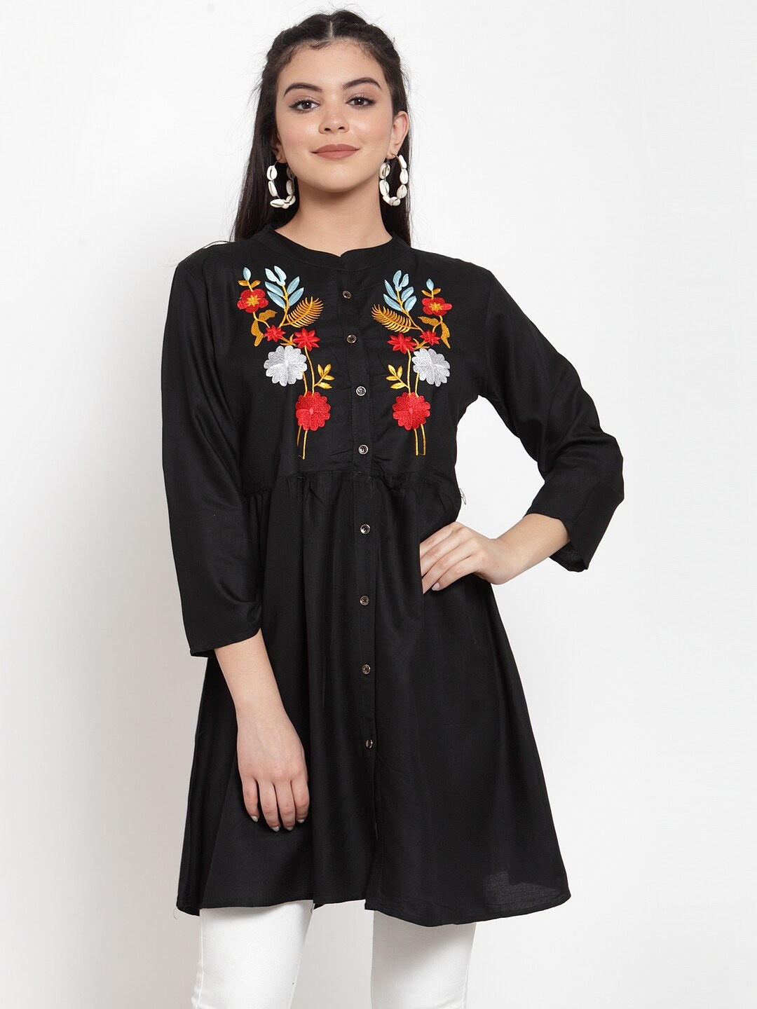 

Miaz Lifestyle Floral Embroidered Mandarin Collar Cotton A-line Top, Black