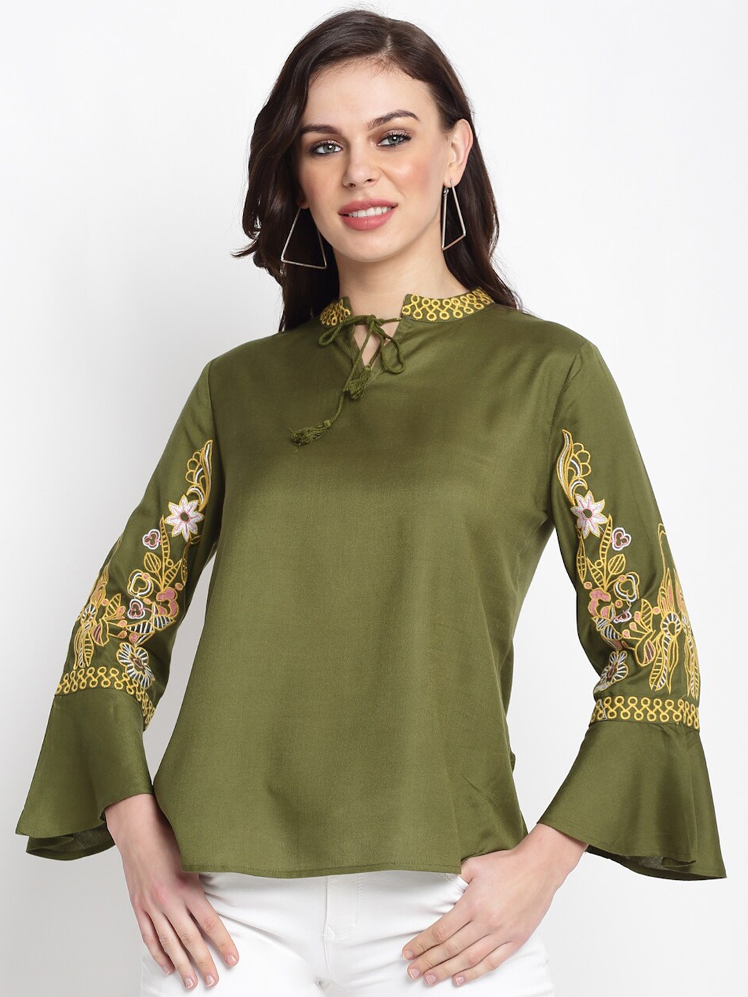 

Miaz Lifestyle Floral Embroidered Tie-Up Neck Bell Sleeve Top, Olive