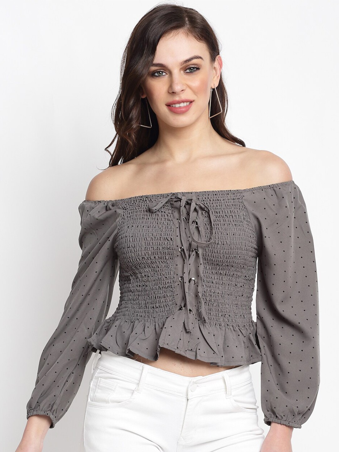 

Miaz Lifestyle Off-Shoulder Puff Sleeve Bardot Crop Top, Grey
