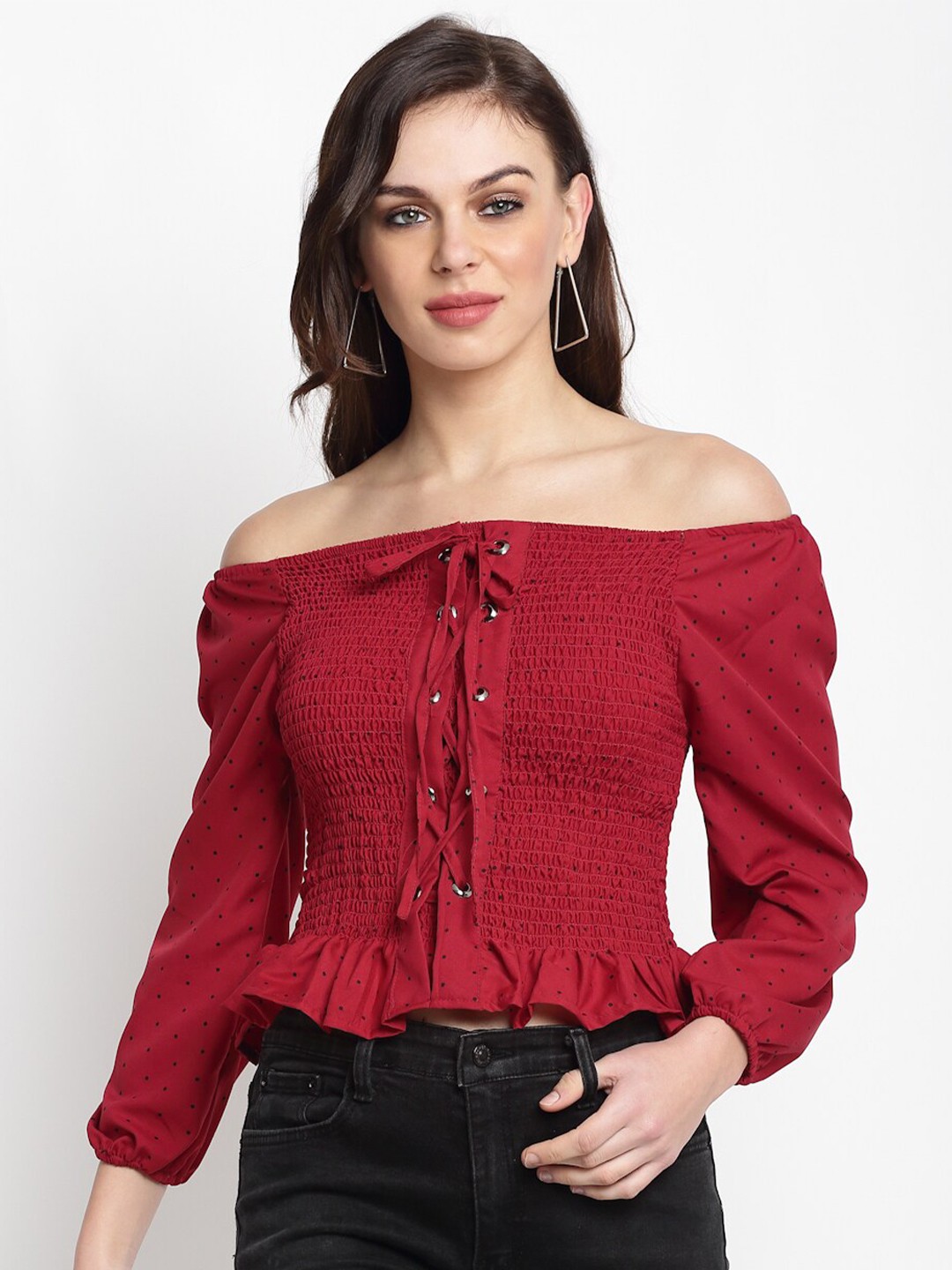 

Miaz Lifestyle Off-Shoulder Puff Sleeve Bardot Crop Top, Maroon