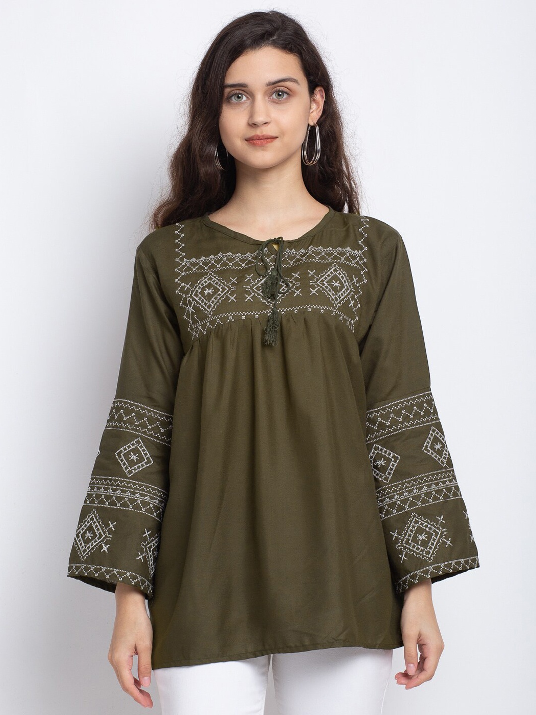 

Miaz Lifestyle Ethnic Motifs Embroidered A-Line Top, Olive