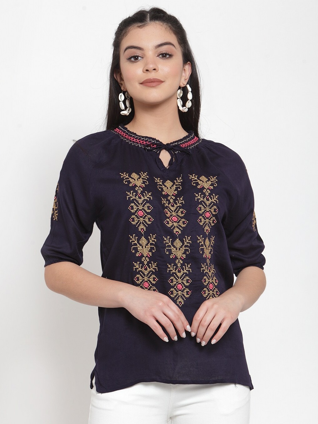 

Miaz Lifestyle Print Mandarin Collar Top, Navy blue