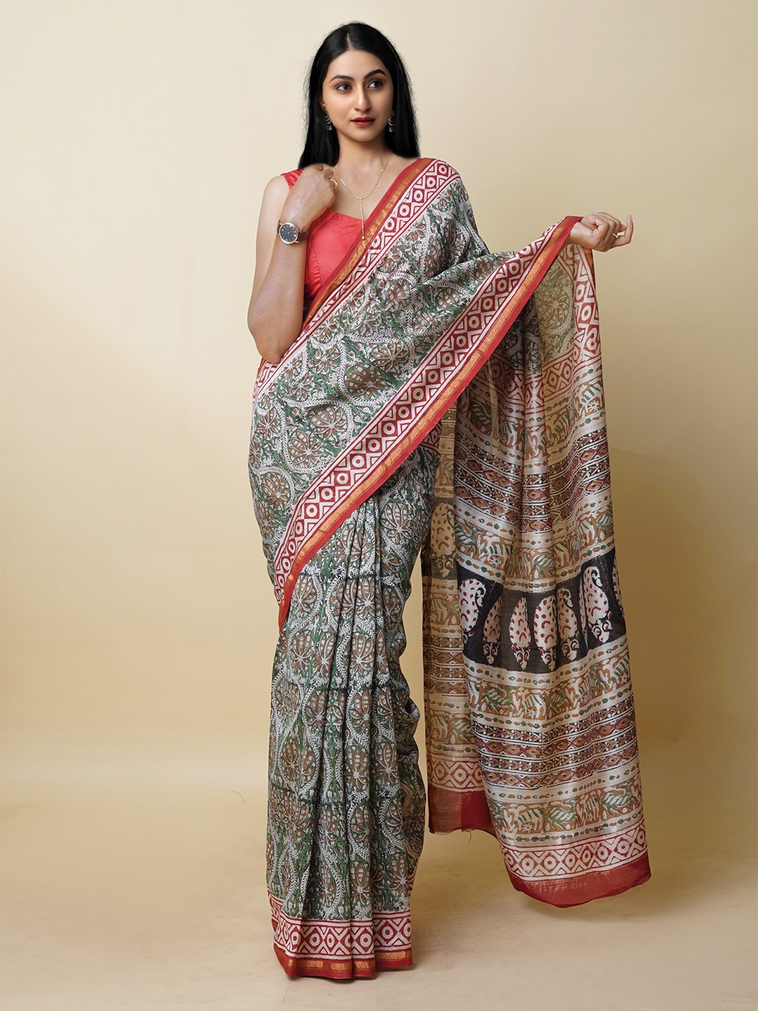 

Unnati Silks Ethnic Motifs Silk Cotton Chanderi Saree, Green