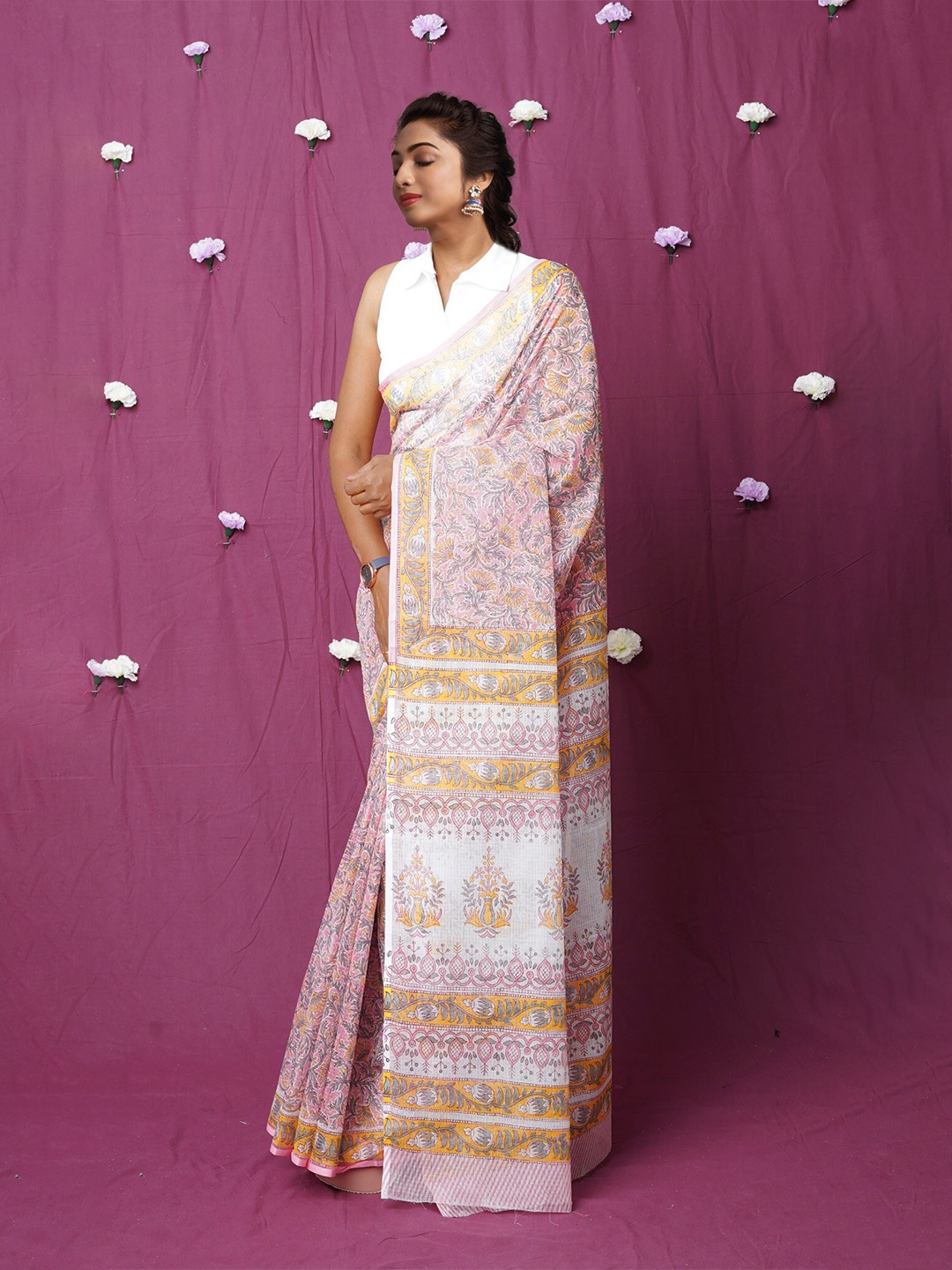 

Unnati Silks Ethnic Motifs Silk Cotton Handloom Kota Saree, Pink