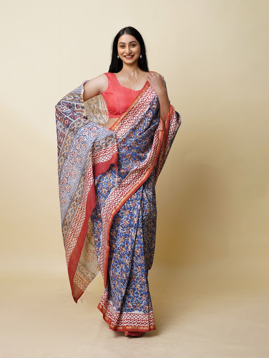 

Unnati Silks Ethnic Motifs Silk Cotton Chanderi Saree, Blue