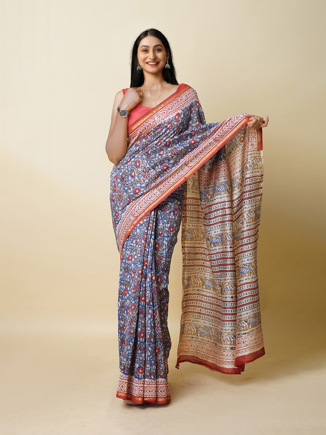 

Unnati Silks Ethnic Motifs Silk Cotton Chanderi Saree, Blue