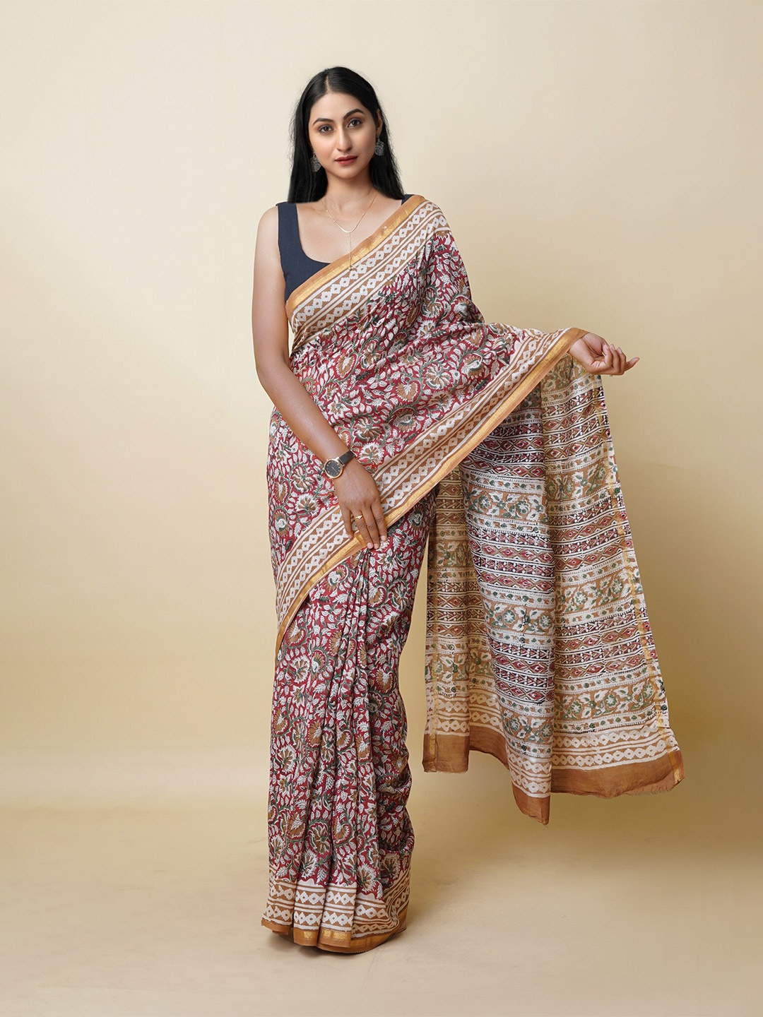 

Unnati Silks Floral Zari Silk Cotton Chanderi Saree, Red