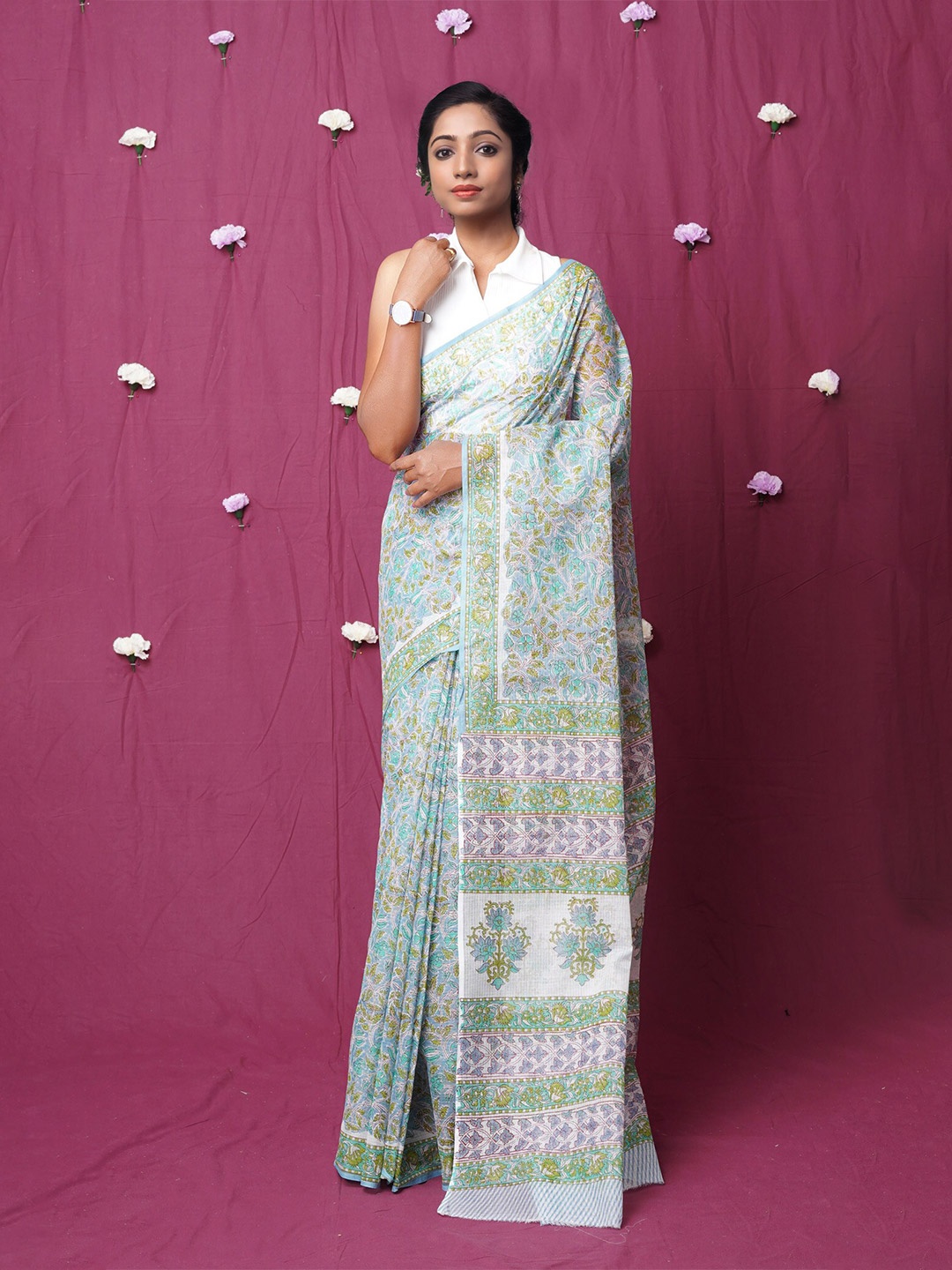 

Unnati Silks Ethnic Motifs Silk Cotton Kota Saree, Blue