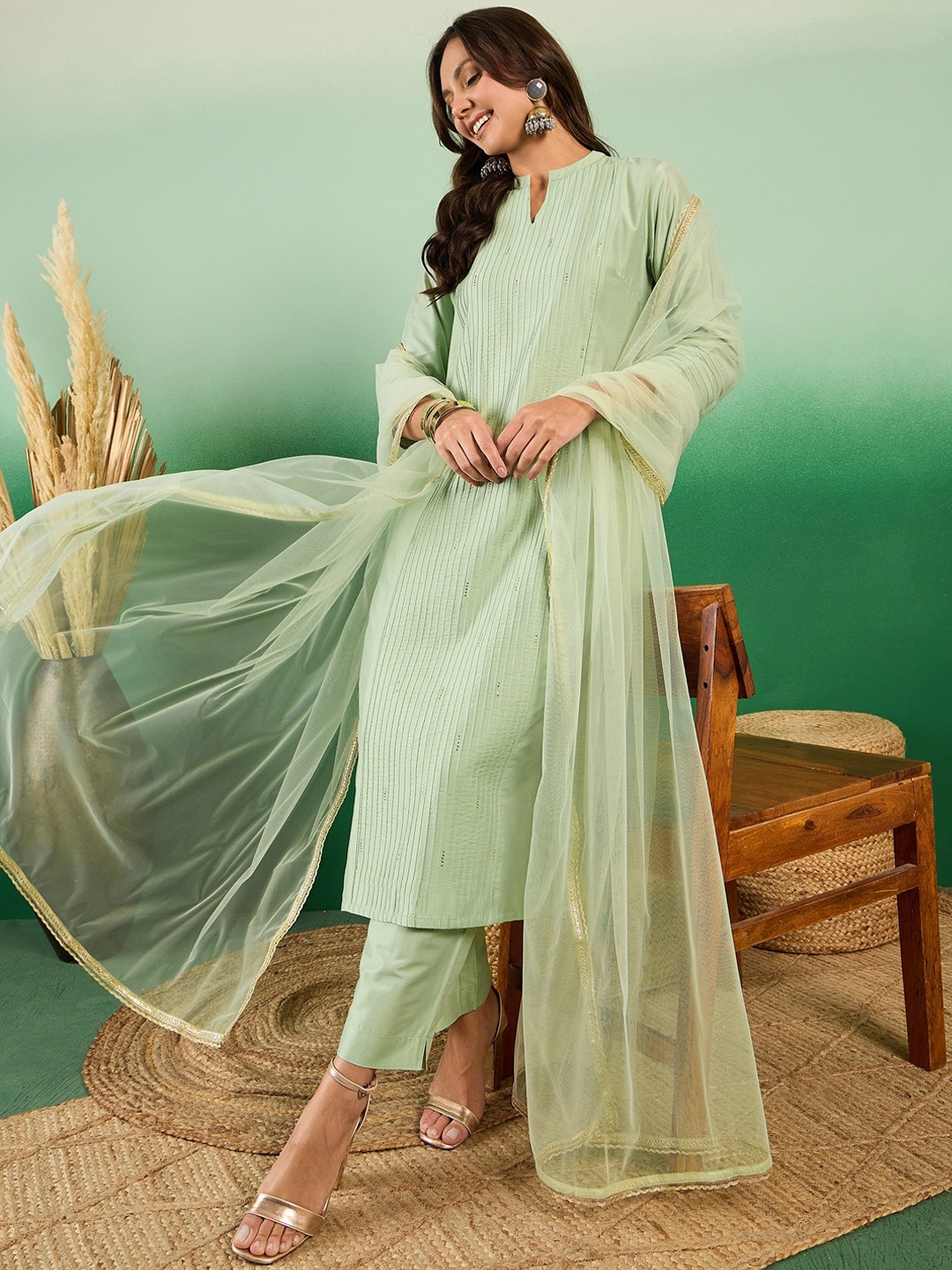 

Sangria Pure Cotton Band Collar Kurta With Trousers & Dupatta, Green