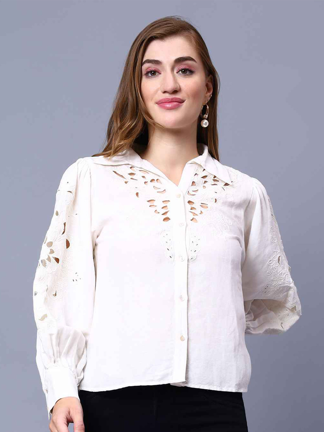 

Amagyaa Cotton Shirt Collar Shirt Style Opaque Casual Top, White