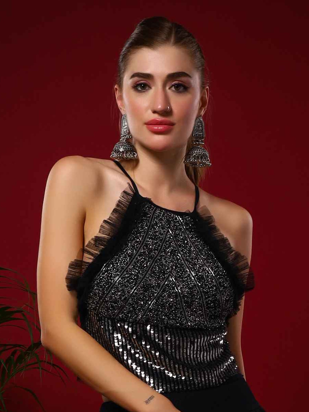 

Amagyaa Shoulder Straps Neck Net Opaque Casual Top, Black